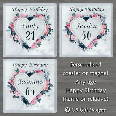 Personalised Birthday Gift/Coaster Or Magnet/Gothic/Heart/Roses/Floral/Pink • £4.25