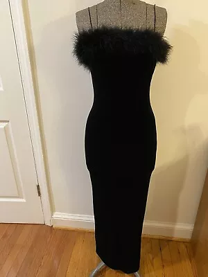 Vintage All That Jazz Velvet Feather Trim Black Long Evening Dress Sz 5/6 Tall • $25