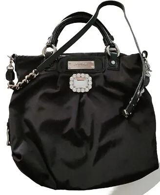 My Flat In London Black Bag Tote Black Fabric Patent Leather Rhinstone Crystal • $54.99