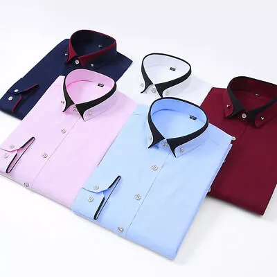 Mens Casual Double Collar Slim Fit Formal Shirt Italian Design Long Sleeve Tops • £19.27