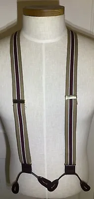 Vintage Suspenders Tan Maroon White Stripes Elastic With Brass Buckles Unmarked • $22.95