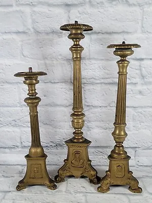 Vintage Set Of 3 French Style Brass Candlesticks Church Altar Candle Holders  • $149.95