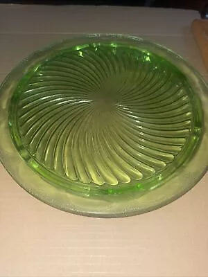 Vintage Anchor Hocking Glass SPIRAL Green 3-Footed Round Cake Plate • $11.90