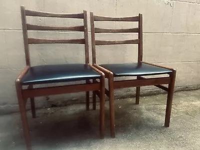 Pair Vintage Mid Century Danish Style Modern Wood Chairs Black Vinyl 1970s • £1.99