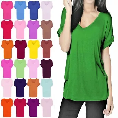 Women Ladies V Neck Oversized Baggy Loose Fit Batwing Sleeve Top T-shirt Turn Up • £8.49