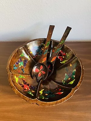 Vintage Mexican Batea Floral Hand Painted Carved Wood Bowl With Utensils • $19.99