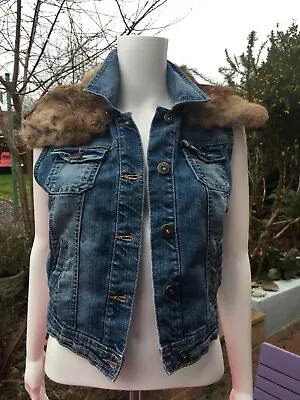 Customised Sleeveless Denim Jacket With Real Fur Collar Size 10 • $17.69