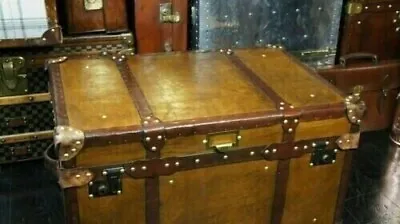 Vintage Tan Leather Coffee Table Chest Trunk With Antique Leather Trim Handmade • $1463