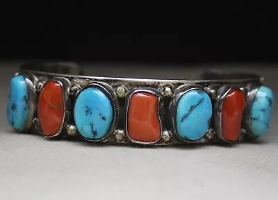 Vintage Native American Navajo Turquoise Coral Sterling Silver Cuff Bracelet • $292.50