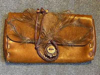 Vintage German Handmade Leather Feather  Antler Stitch Clutch Purse Wallet Pouch • $49.99