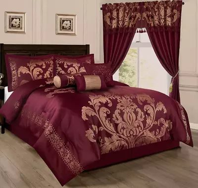 California King Bed Burgundy Maroon Gold Floral Damask 7 Pc Comforter Set NEW • $134.97