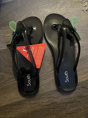 £4 • Buy South Black Plastic Jelly Flip Flops With Green Bow Size 5 Bnwt