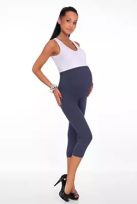 Maternity Leggings Cropped 3/4 Length Cotton Over Bump Plain Denim Navy Grey • £5.95