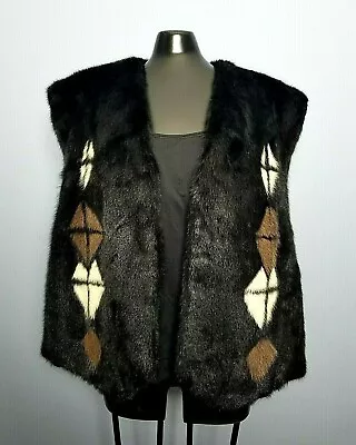 Black Mink Vest White & Brown Diamond Custom Design XL Women Vintage Designer • $295
