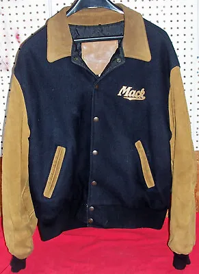 Mens Size Large Mack Trucks Black Wool & Leather Varsity Coat Jacket L Truckers • $99.95