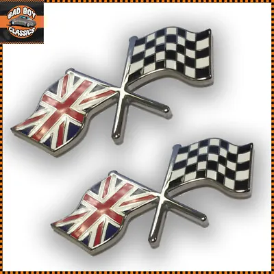 2x Chequered Flag / Union Jack Enamel Badge Decal Emblem CLASSIC CAR  • £9.95