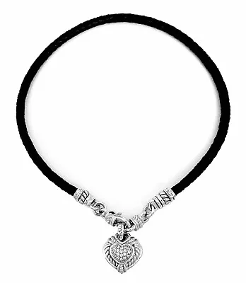 JUDITH RIPKA Sterling Silver DIAMONIQUE HEART Pendant Black Leather Necklace~NEW • $75