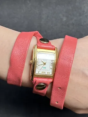New La Mer Gold Tone Pink Band Quartz Wrist Watch - Needs Batteries • $5.99