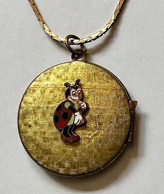 Vintage  Locket Brass Round  Lady Bug Ladybug 1 1/4  Necklace 24  Vtg Brass READ • $12.95