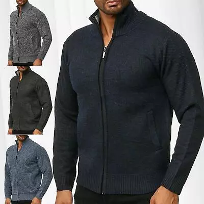 Mens Zip Up Wool Knit Funnel Neck Cardigan Thermal Fleece Lined Jumper Sweater • £17.99