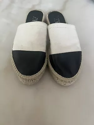 Shoes Women Zara Espadrilles Tan Black Canvas Slides Cap Toe Shoes Size9 • $25