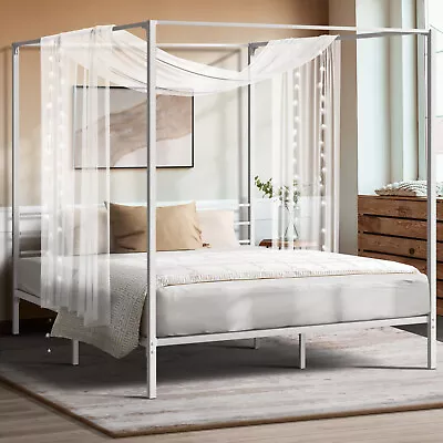 Oikiture Metal Canopy Bed Frame Queen Double Single Beds Platform White • $149.90