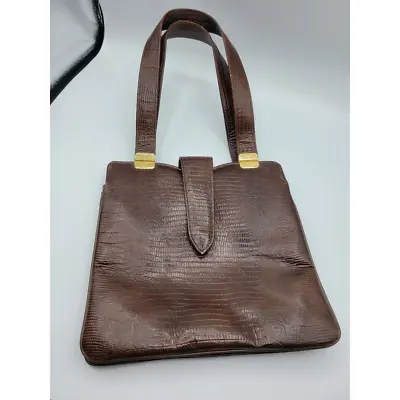 Vintage 1970's Faux Lizard Handbag Purse Brown Brass • $14.21