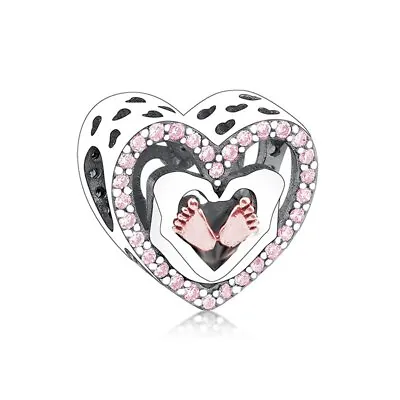 $29.99 • Buy S925 Silver & Rose Gold Baby Girl Pink Feet Heart Charm By YOUnique Designs