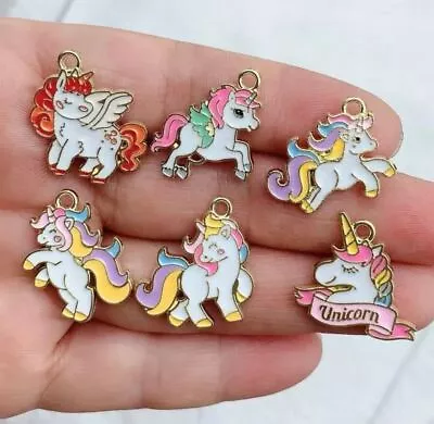 6 X UNICORN ENAMELLED CHARMS PENDANT METAL JEWELLERY. • £5.25