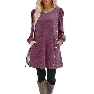 $29.30 • Buy Women's Long Sleeve Dresses Button Side Scoop Neck Fall Dress Tunic With Pockets