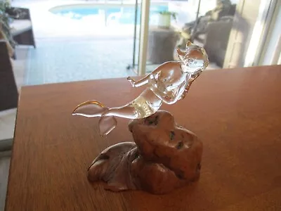 4  LONG VINTAGE Clear Glass Mermaid Statue Figurine Crystal ?? ON  WOODEN  ROCK  • $28.12