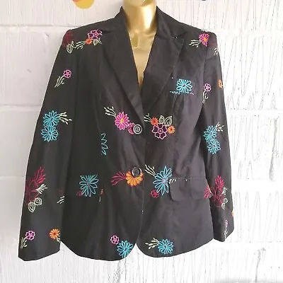  🌺 Size 12 Embroidered Floral 80s 90s Shoulder Pads Black Cotton Blazer Jacket  • £24.99