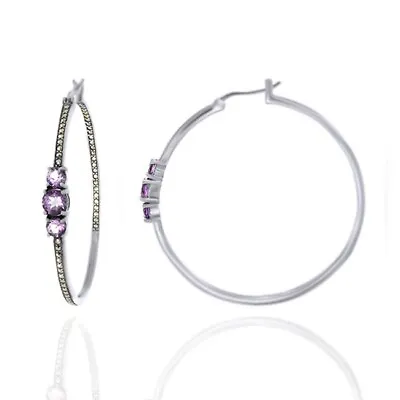 2.22 Ct Round Amethyst & Round Marcasite Silver Latch Back Hoop Earrings • $178.61