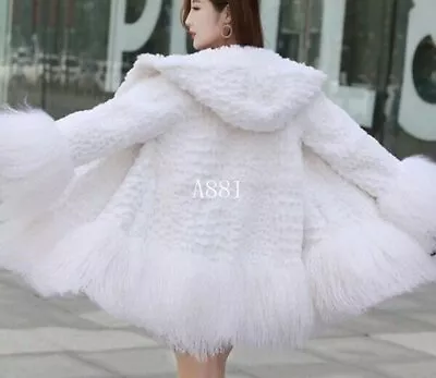 Mongolia Sheep Fur Coat Women Fashon Warm Long Coat Jacket 100% Real Rabbit Fur • $249.73