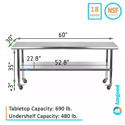 30  X 60  Stainless Steel Table With Wheels | NSF Prep Metal Work Table Casters • $434.95