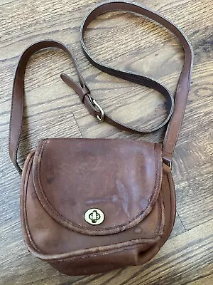 Vintage 90s Coach Brown Leather Small Crossbody Turnlock Purse Bag • $47