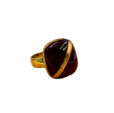 Art Deco Gripoix Poured Red Ruby Glass Cabochon Goldwashed Brass Ring Impressive • $19.99