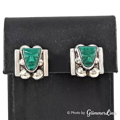 Vintage 925 Mexico Sterling Silver Green Mayan Aztec Face Screw Back Earrings • $48.99