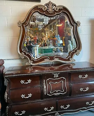 Buffet Table/Sideboard And Beveled Mirror With Silvered Accents • $1000