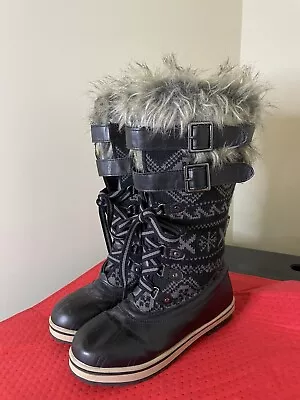 Muk Luks Tall Lace Up Winter Boots Gwen Black And Gray Faux Fur / COZY WARM 10 • $30.99