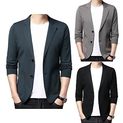 Men Casual Long Sleeve Collarless Henley Blazer Cardigan Coat Top Jacket Blazer • £11.87