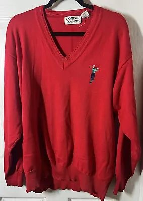 Vintage 90s Red Cotton Traders V Neck Pullover Long Sleeve Embroidered Golfer • $28