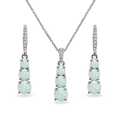 Round Simulated White Opal 925 Silver Pendant Necklace & Leverback Earrings Set • $44.99