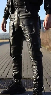 New Men Real Leather Pant Genuine Soft Lambskin Biker Trouser Cargo Pocket Jeans • $190
