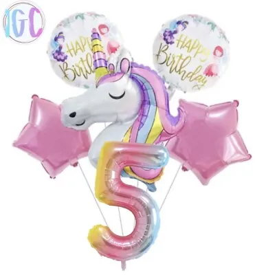 UNICORN Balloon Set Of 6 Balloons Birthday Party Girls Pink Rainbow Age 5 Years • £4.99