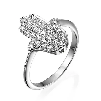 14k White Gold Diamond Hamsa Ring Large Jewish Hand Of Fatima Gift For Women • £811.42