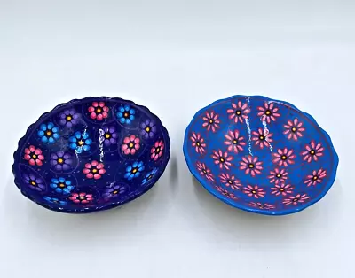 2 Bowl Dish Mexico Talavera Folk Art Terra Cotta Clay 5.5  Handpainted Flowers • $19.99