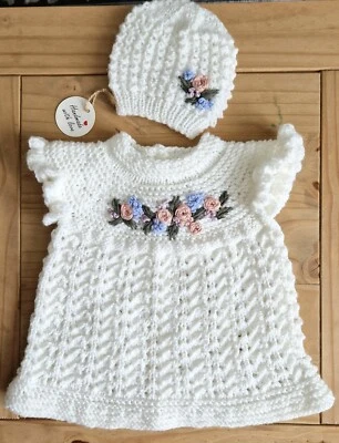 £15.50 • Buy Hand Knitted Baby Dress & Beanie 0-3 Months