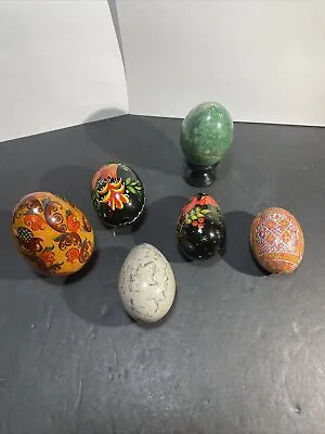 Lot Of 6 - Vtg Alabaster Marble & Painted Wood Eggs Stone Multicolor With Stand • $8.99