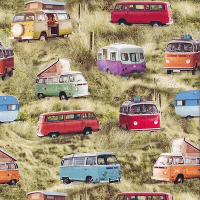 Kombi Campervans And Retro Caravans On Grass Caravanners Quilting Fabric 1/2 Met • $15.95